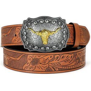 Women Men Western Belts Cowboy Cowgirl Country Belt Longhorn Bull Buckle Floral